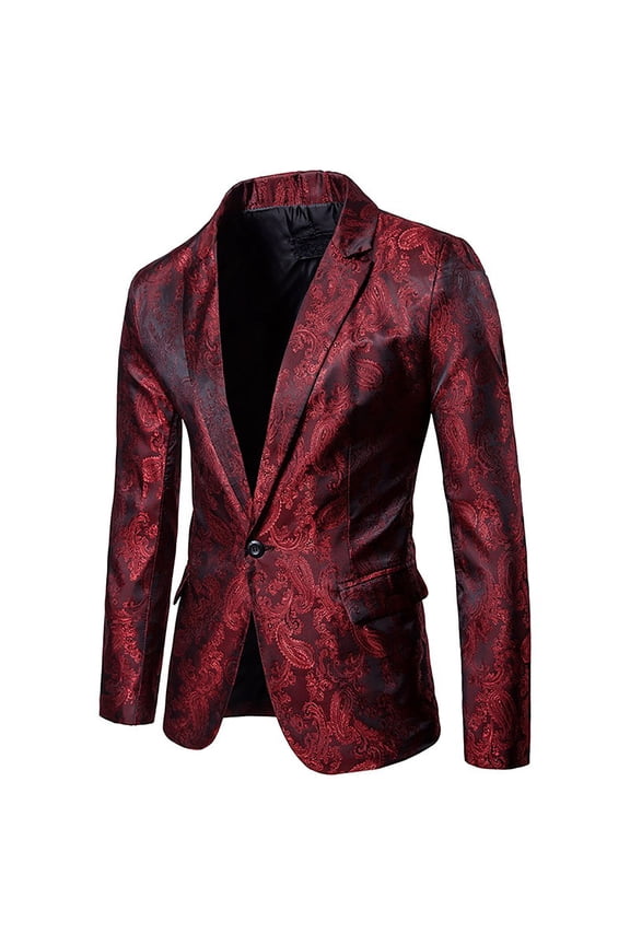 Men's Paisley Print Button Up Slim Fit Blazer Suit Jacket Wedding Party Tuxedo Red XXL