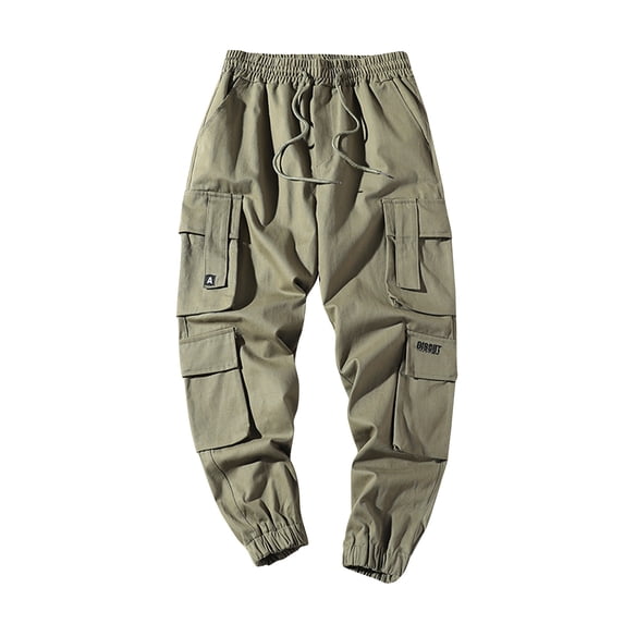 hopeusnice Men's Pants Pockets Cotton Linen Joggers Elastic Waist Drawstring Cargo Solid Color sweatpants fall Workout Activewear Fashion Pants Casual Fall Army Green XXXL