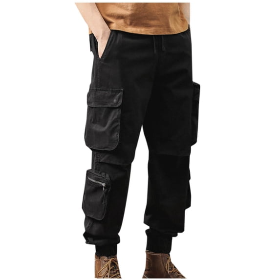 Men's Pants Solid Color sweatpants fall Cotton Linen Joggers Elastic Waist Drawstring Cargo Casual Fall Workout Activewear Pants Pockets Fashion Black XXXXXXL