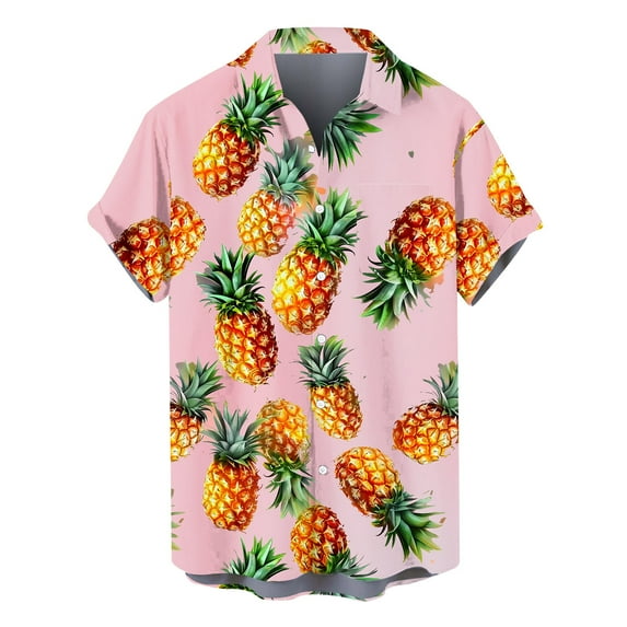 hopeusnice Men's Pineapple Print Shirt Summer Beach Short Sleeve Button Down Tropical Hawaiian Shirt Tops Pineapple Shirt Pink XXL
