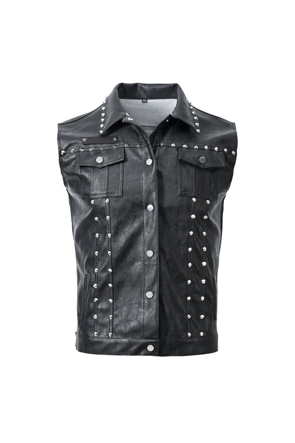 Men's Punk Gothic Vests Black Faux Leather Biker Waistcoat with Spikes Rivets for DJ Nightclub Black M