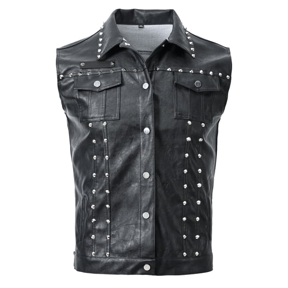 hopeusnice Men's Punk Gothic Vests Black Faux Leather Biker Waistcoat with Spikes Rivets for DJ Nightclub Black S