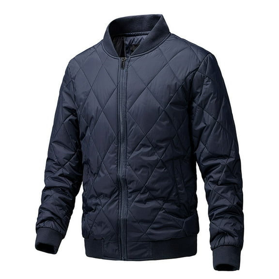 hopeusnice Men's Quilted Bomber Jacket Lightweight Baseball Collar Zipper Stand Collar Long Sleeve Outwear with Pockets Dark Blue M
