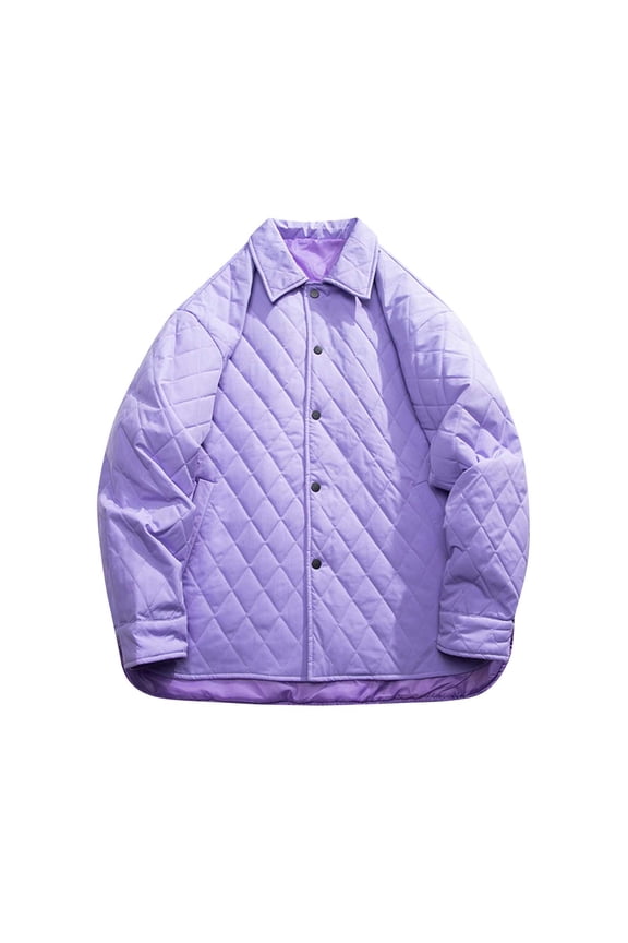 Men's Quilted Liner Jacket Warm Winter Stand Collar Long Sleeve Pockets Button Up Overcoat Outerwear Purple XXL