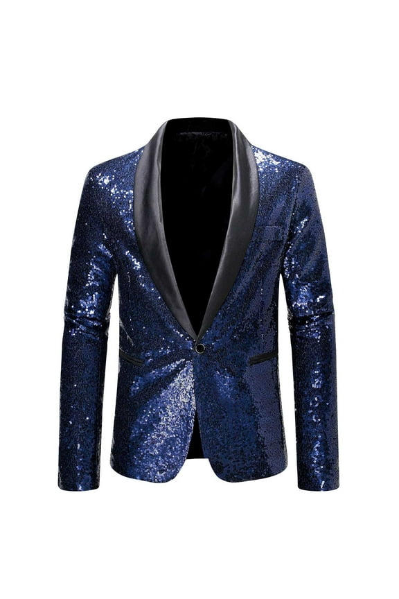 Men's Sequin Suit Jacket One Button Slim Fit Party Blazer Prom Tuxedo Dinner Wedding Navy M