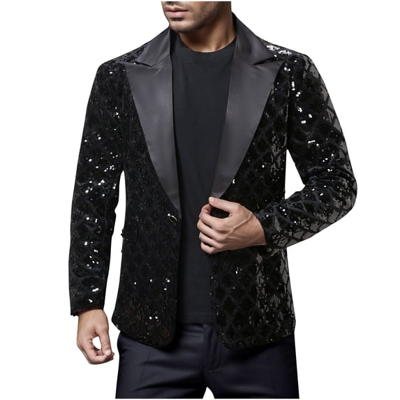 hopeusnice Men's Sequin Suit Jacket Party Blazer Velvet One Button Slim Fit Tuxedo for Wedding Prom Black L
