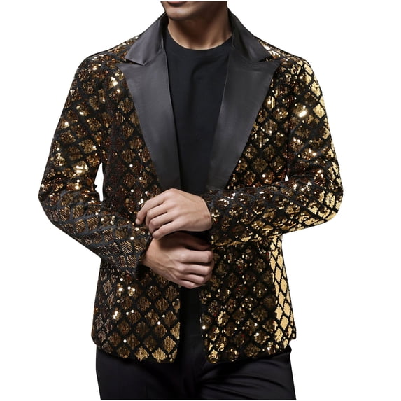 hopeusnice Men's Sequin Suit Jacket Party Blazer Velvet One Button Slim Fit Tuxedo for Wedding Prom Gold XXL