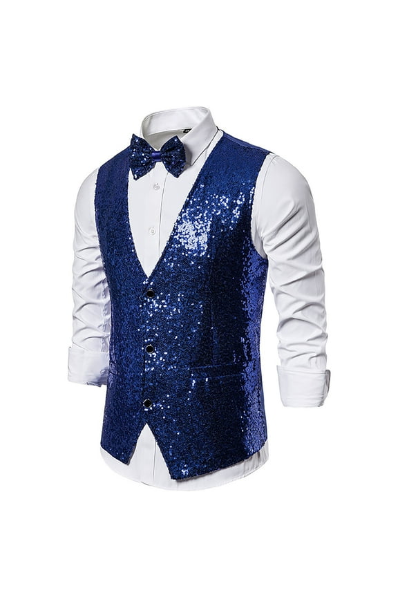 Men's Sequin Vest Suit Vest for Wedding Party Prom Nightclub Shiny Sequins Waistcoat Slim Fit Vest Blazer Blue L
