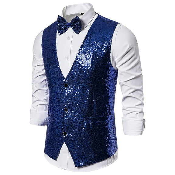 hopeusnice Men's Sequin Vest Suit Vest for Wedding Party Prom Nightclub Shiny Sequins Waistcoat Slim Fit Vest Blazer Blue XL