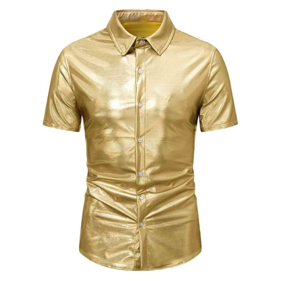 hopeusnice Men's Sequins Shirts Clearance Workout Sports Slim Fit Tracksuits Short Sleeve Dress Shirts Summer Lightweight Casual Button Up Lapel Tops Clothing for Male Gold L