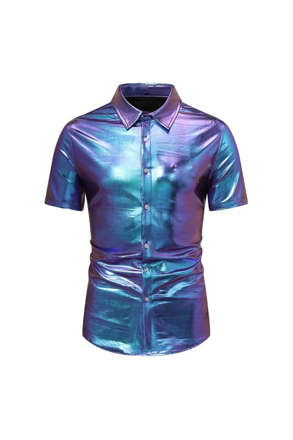 Men's Sequins Shirts Workout Sports Slim Fit Tracksuits Short Sleeve Dress Shirts Summer Lightweight Casual Button Up Lapel Tops Clothing for Male Purple M
