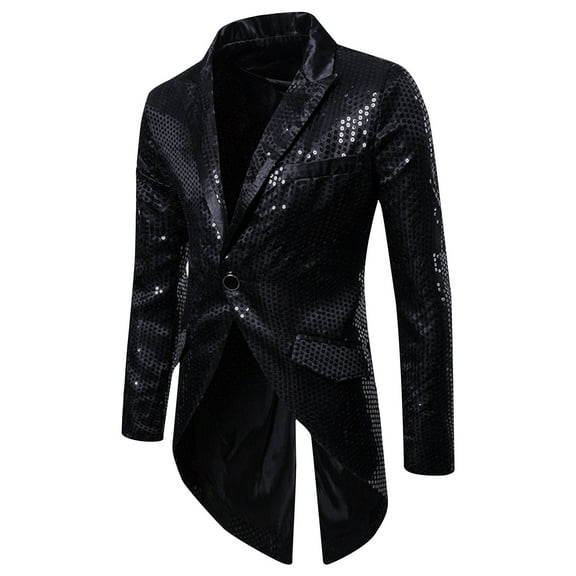hopeusnice Men's Sequins Tailcoat Blazer Jacket One Button Party Prom Tuxedo Wedding Stage Costume Black L