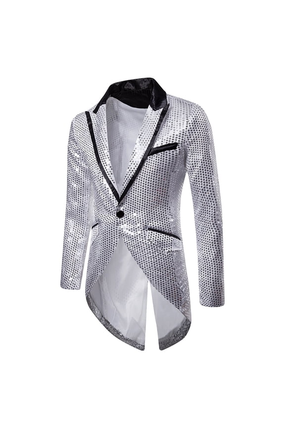 Men's Sequins Tailcoat Blazer Jacket One Button Party Prom Tuxedo Wedding Stage Costume Silver M