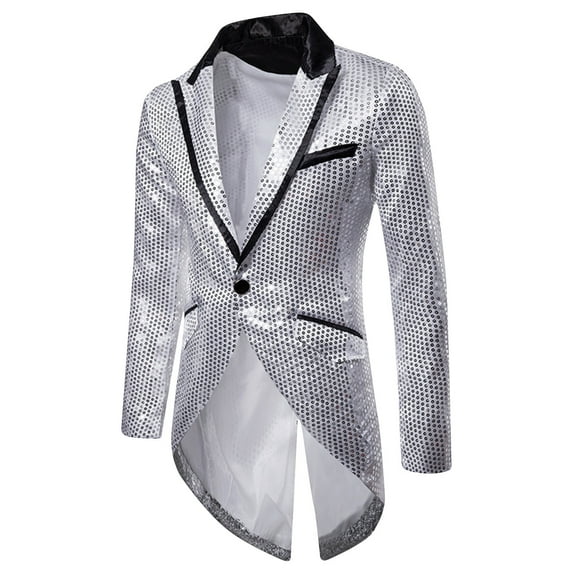 hopeusnice Men's Sequins Tailcoat Blazer Jacket One Button Party Prom Tuxedo Wedding Stage Costume Silver XL