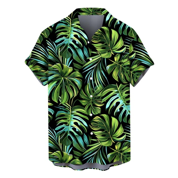 hopeusnice Men's Short Sleeve Shirt Tropical Hawaiian Palm Leaves Print Beach Button Up Shirt Green S