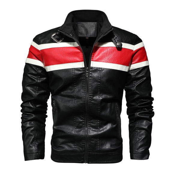 hopeusnice Men's Slim Fit Faux Leather Biker Motorcycle Jacket with Stripe Splice sign Stand Collar Zipper Closure Pockets Black M