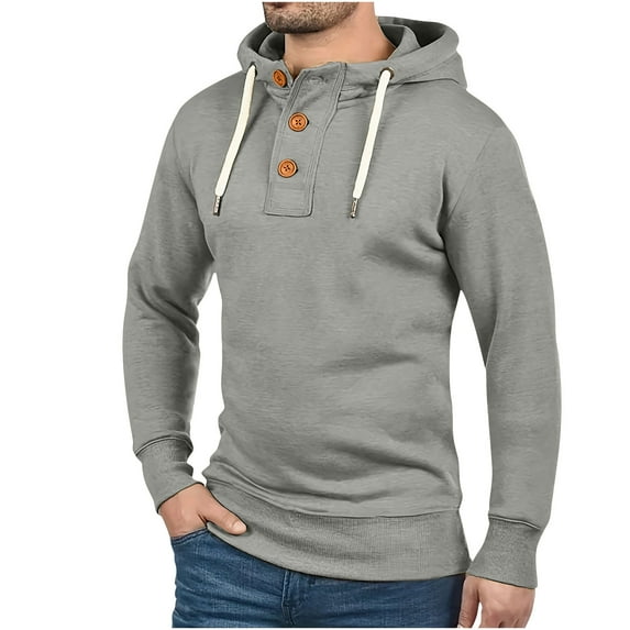 hopeusnice Men's Slim Fit Long Sleeve Solid Color Button Up Hood T-Shirt llover Sweatshirt with Kangaroo Pocket Gray S