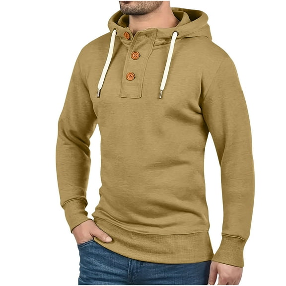 hopeusnice Men's Slim Fit Long Sleeve Solid Color Button Up Hood T-Shirt llover Sweatshirt with Kangaroo Pocket Khaki S