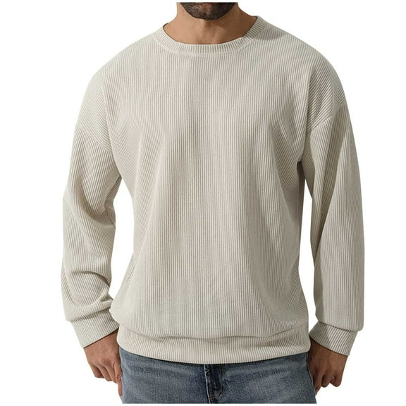 hopeusnice Men's Solid Color Long Sleeve Crew Neck Sweatshirt Basic Ribbed Knitted Jumper Tops Beige M