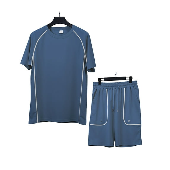 hopeusnice Men's Solid Color Lounge Sets 2Pcs Sweatsuit Casual Elastic Waist Drawstring Shorts Pockets Loose Loungewear Comfyfit Workout Sets Fall Lightweight Clothing For Male Blue Xxxl