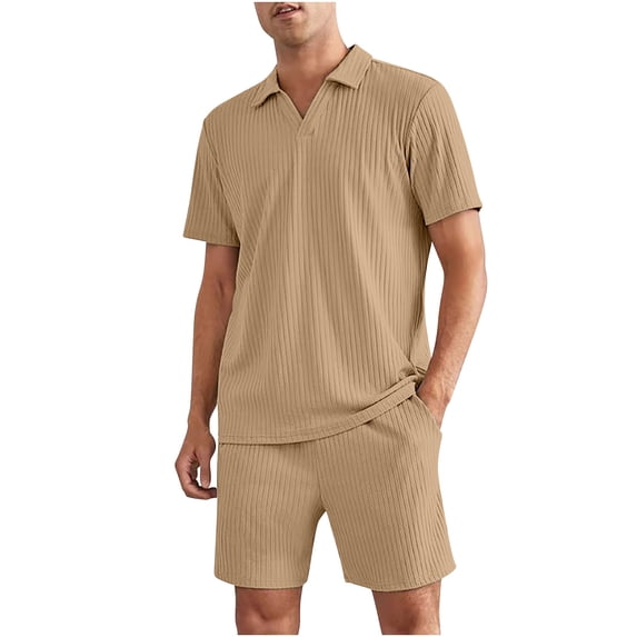 hopeusnice Men's Solid Color Lounge Sets Clearance Casual Elastic Waist Shorts Pockets Comfyfit Workout Activewear Fall Lightweight 2Pcs Sweatsuit Knitted Loose Loungewear Clothing For Male Khaki Xl