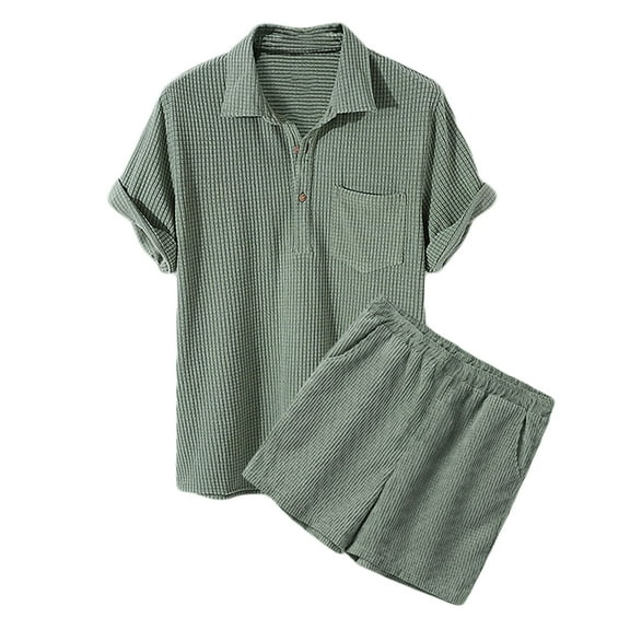 hopeusnice Men's Solid Color Lounge Sets Fall Lightweight Pants Cotton Linen 2Pcs Pjs Sets Elastic Waist Shorts Pockets Casual Loose Loungewear Clothing for Male Green M