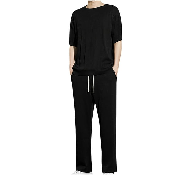 hopeusnice Men's Solid Color Lounge Sets Fall Lightweight Quick Dry Elastic Waist Drawstring Trousers Pockets Pants Casual Loose Loungewear 2Pcs Clothing for Male