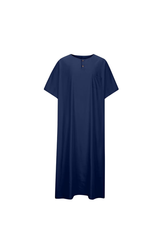Men's Solid Color O-Neck Short Sleeve Long Kaftan Maxi Tunic Dress with Pocket Navy XXXL