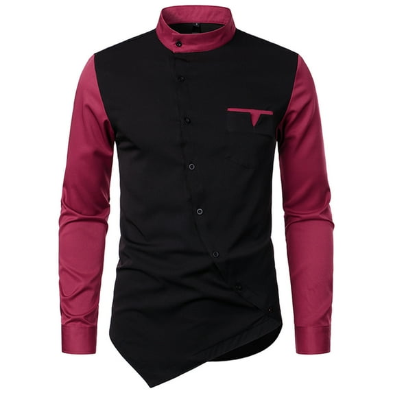 hopeusnice Men's Solid Color Patchwork Shirts Fall Lightweight Stand Collar Tops Workout Activewear Long Sleeve Dress Shirts Casual Slim Fit Lounge Tee Clothing For Male Black XL
