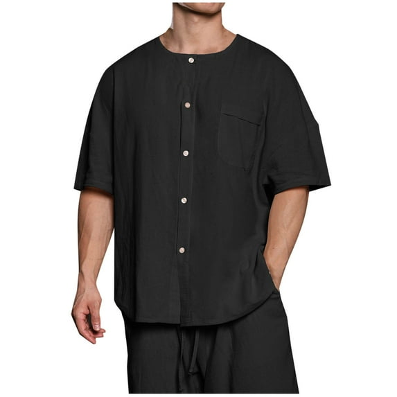 hopeusnice Men's Solid Color Shirts Button Up Crew Neck Tops Cotton Linen Slim Fit Lounge Tee Casual Summer Lightweight Workout Short Sleeve Dress Shirts Pockets Clothing for Male Black M