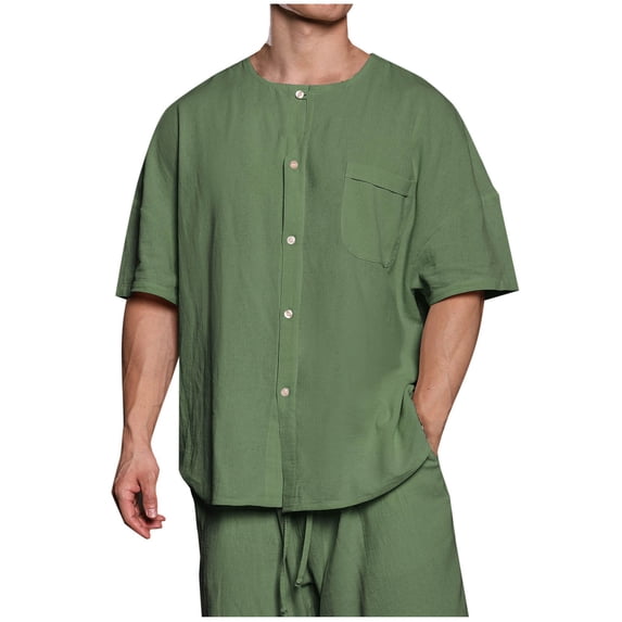 hopeusnice Men's Solid Color Shirts Cotton Linen Slim Fit Lounge Tee Button Up Crew Neck Tops Summer Lightweight Casual Short Sleeve Dress Shirts Pockets Clothing for Male Army Green L