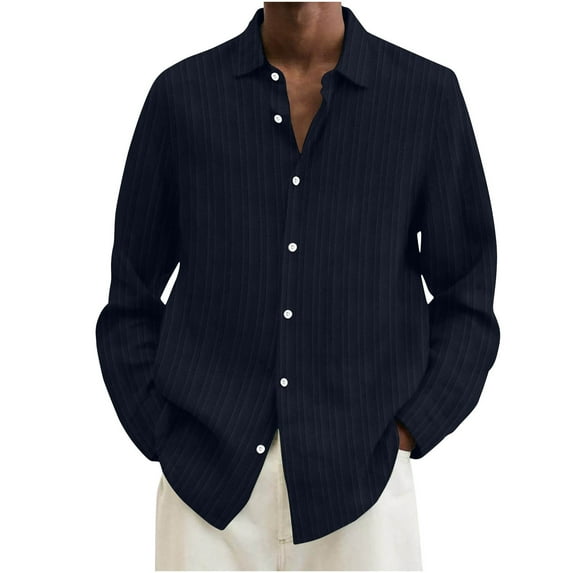 Men's Solid Color Shirts Long Sleeve Dress Shirts Cotton Linen Slim Fit Lounge Tee Casual Workout Activewear Button Up Crew Neck Tops Fall Lightweight Clothing For Male Navy M