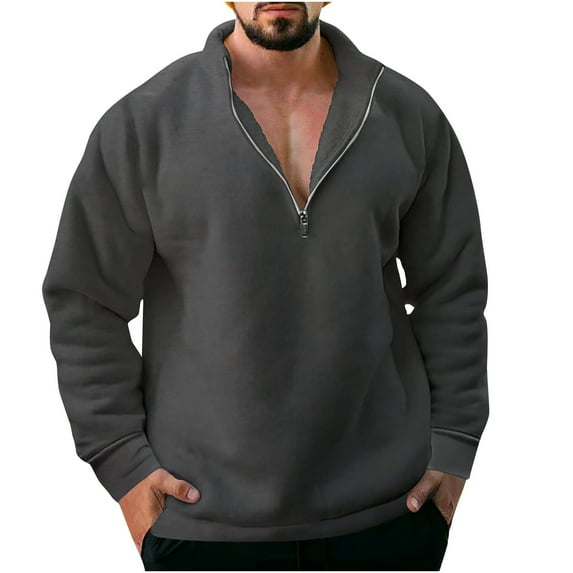 hopeusnice Men's Solid Color Shirts Clearance Long Sleeve Dress Shirts Slim Fit Lounge Tee Casual Fall Lightweight Workout Activewear Zipper Crew Neck Tops Clothing For Male Dark Gray M