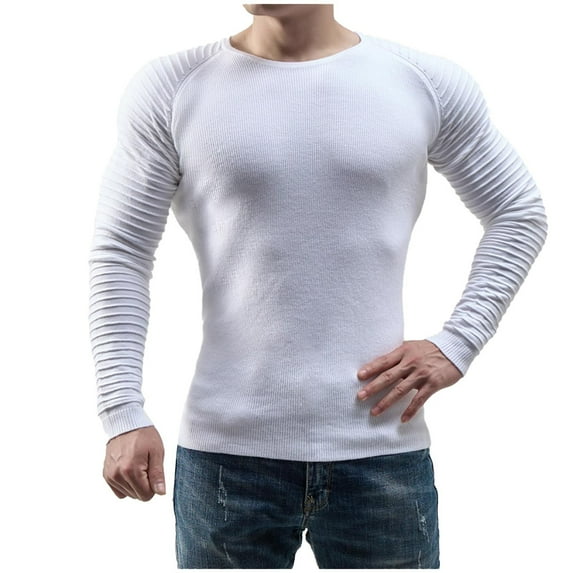 hopeusnice Men's Solid Color Shirts Slim Fit Lounge Tee Casual Fall Lightweight Pleated Crew Neck Tops Workout Activewear Long Sleeve Dress Shirts Clothing For Male White XL