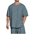 thumbnail image 1 of hopeusnice Men's Solid Color Shirts Workout Cotton Linen Slim Fit Lounge Tee Short Sleeve Dress Shirts Pockets Casual Button Up Crew Neck Tops Summer Lightweight Clothing for Male Navy L, 1 of 5