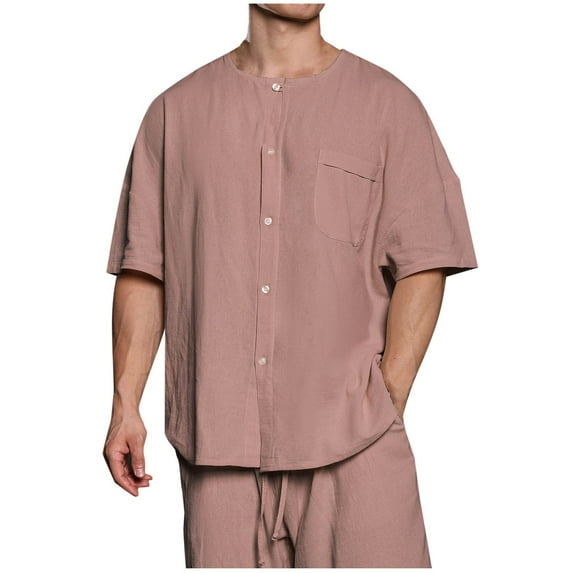 hopeusnice Men's Solid Color Shirts Short Sleeve Dress Shirts Pockets Cotton Linen Slim Fit Lounge Tee Casual Button Up Crew Neck Tops Workout Summer Lightweight Clothing for Male Red M