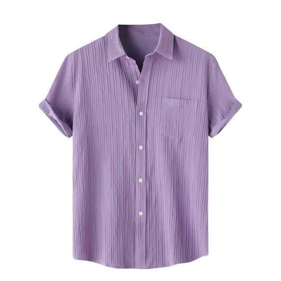 hopeusnice Men's Solid Color Shirts Summer Lightweight Cotton Linen Slim Fit Beach Shirts Button Up Lapel Tops Hawaiian Tropical Casual Short Sleeve Dress Shirts Clothing for Male Purple XL