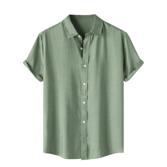 hopeusnice Men's Solid Color Shirts Summer Lightweight Cotton Linen Slim Fit Beach Shirts Hawaiian Tropical Button Up Lapel Tops Short Sleeve Dress Shirts Clothing for Male Green XXXL