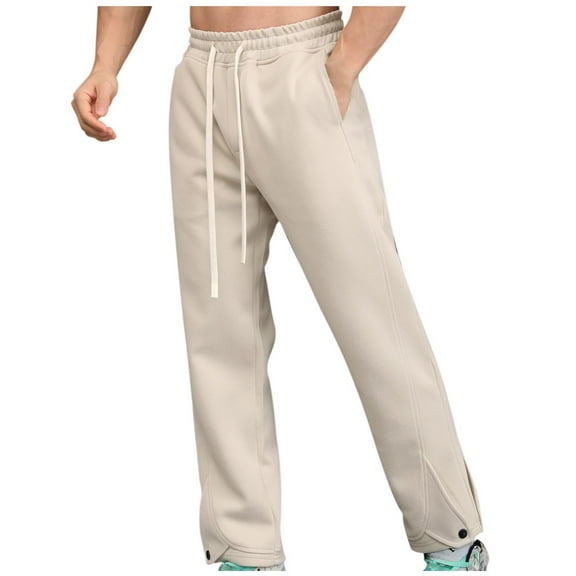 hopeusnice Men's Solid Color Trousers Comfyfit Workout Activewear Casual Fall Lightweight Mid Waist Wide Leg Pants Loose Loungewear Cotton Linen Sweatpants Clothing For Male Apricot M