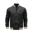 thumbnail image 1 of hopeusnice Men's Stand Collar Bomber Jacket Baseball Stripe Trim Windproof Lightweight Zipper Pockets Coats Black L, 1 of 9