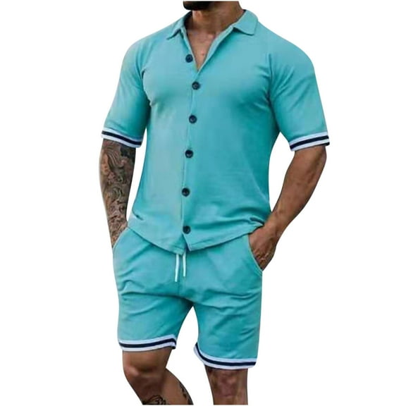 hopeusnice Men's Striped Lounge Sets Comfyfit Workout Exercise 2Pcs Sweatsuit Fall Lightweight Pants Loose Sweat Sets Casual Elastic Waist Shorts Pockets Clothing for Male Sky Blue XXXL