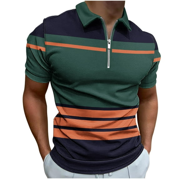 hopeusnice Men's Striped Shirts Summer Lightweight Short Sleeve Dress Shirts Slim Fit Lounge Tee Workout Activewear Zipper Lapel Tops Casual Clothing for Male Green L