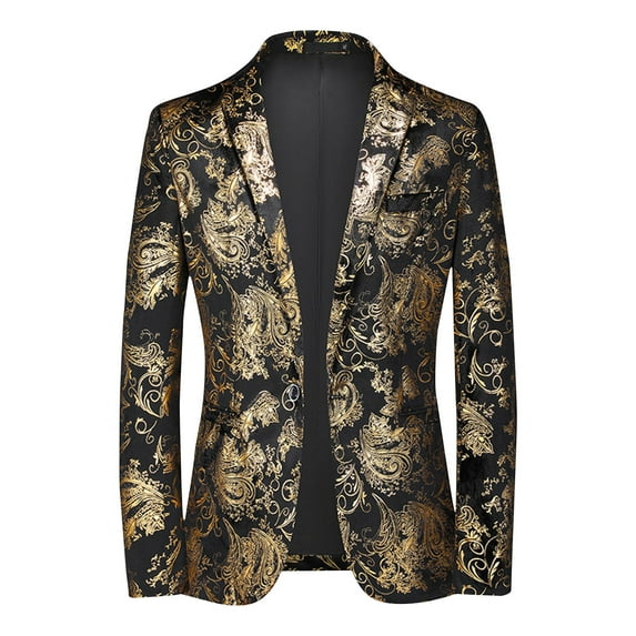 hopeusnice Men's Stylish Leather Blazer Jacket Slim Fit Suit One Button Lapel Business Party Clubwear Tuxedo Coats Gold XXL