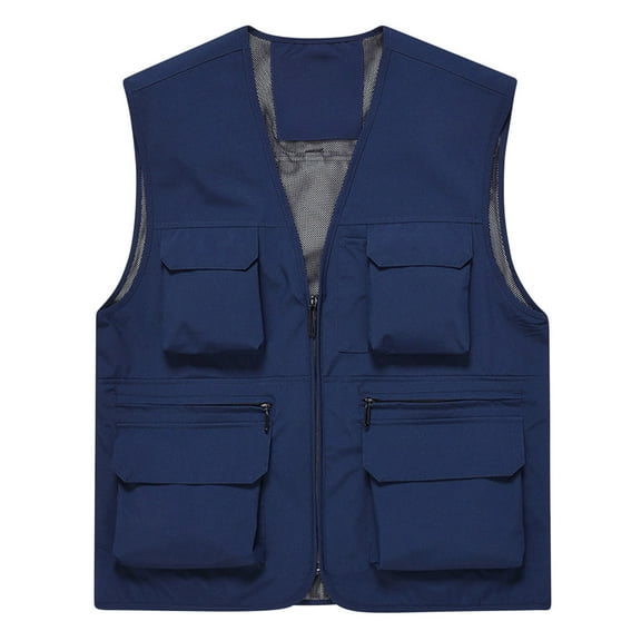 hopeusnice Men's Summer Multi-Pocket Vest Lightweight Breathable Mesh Outdoor Fishing Travel Waistcoat Jackets Coats Navy XXXL