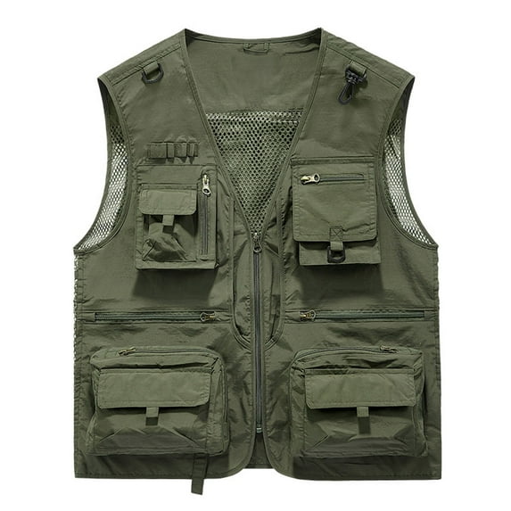 hopeusnice Men's Summer Multi-Pocket Vest Lightweight Breathable Quick Dry Fishing Hiking Travel Vest with Many Pockets Utility Waistcoat Photographer Clothing Army Green L