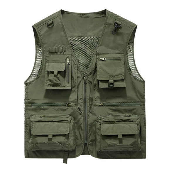 hopeusnice Men's Summer Multi-Pocket Vest Lightweight Breathable Quick Dry Fishing Hiking Travel Vest with Many Pockets Utility Waistcoat Photographer Clothing Army Green L