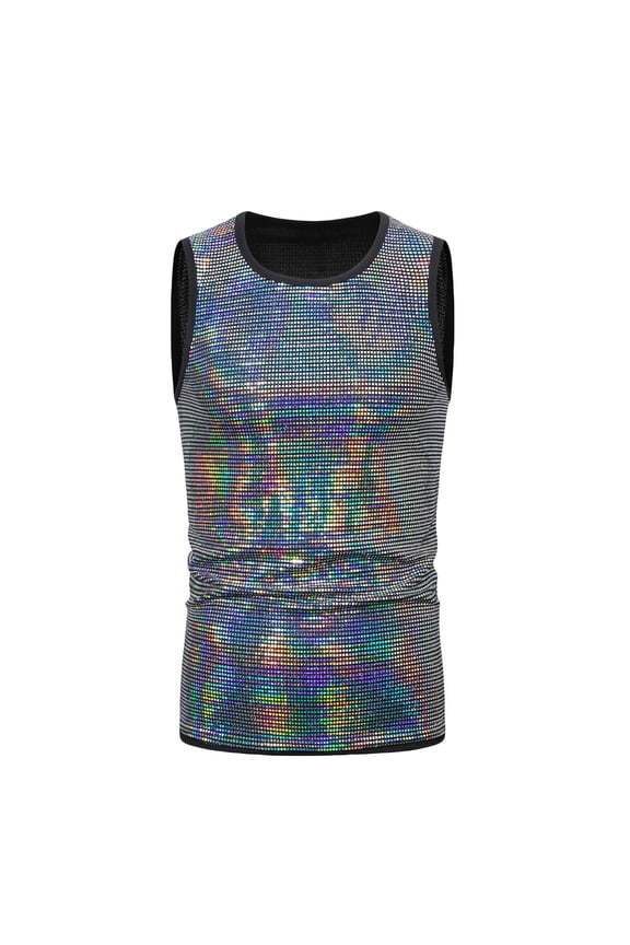Men's Summer Shiny Gold Sleeveless Tank Top Crew Neck Slim Fit Vests Undershirt Club Party Silver L