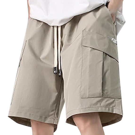 hopeusnice Men's Summer Solid Color Shorts Cargo Shorts Pants Elastic Waist Drawstring Lounge Shorts Workout Activewear Casual Beach Pants Pockets Khaki M