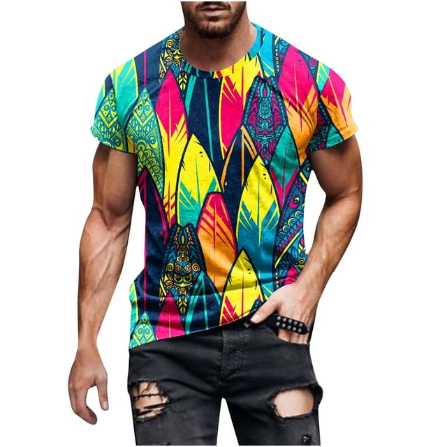 hopeusnice Men's Summer T-Shirt Colorful Feather Print Short Sleeve ...