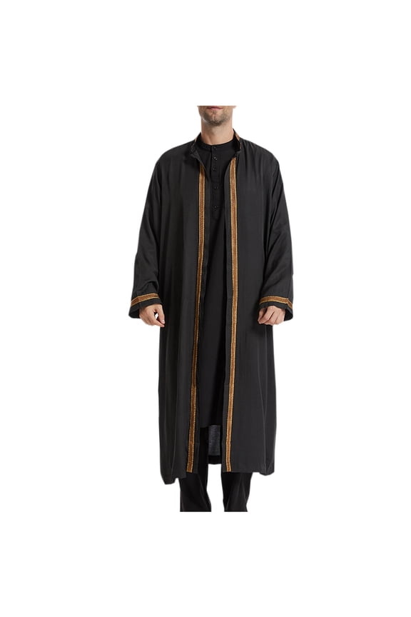 Men's Thobe Jubba Long Sleeve Muslim Clothing Kaftan Islamic Gown Black White Black M